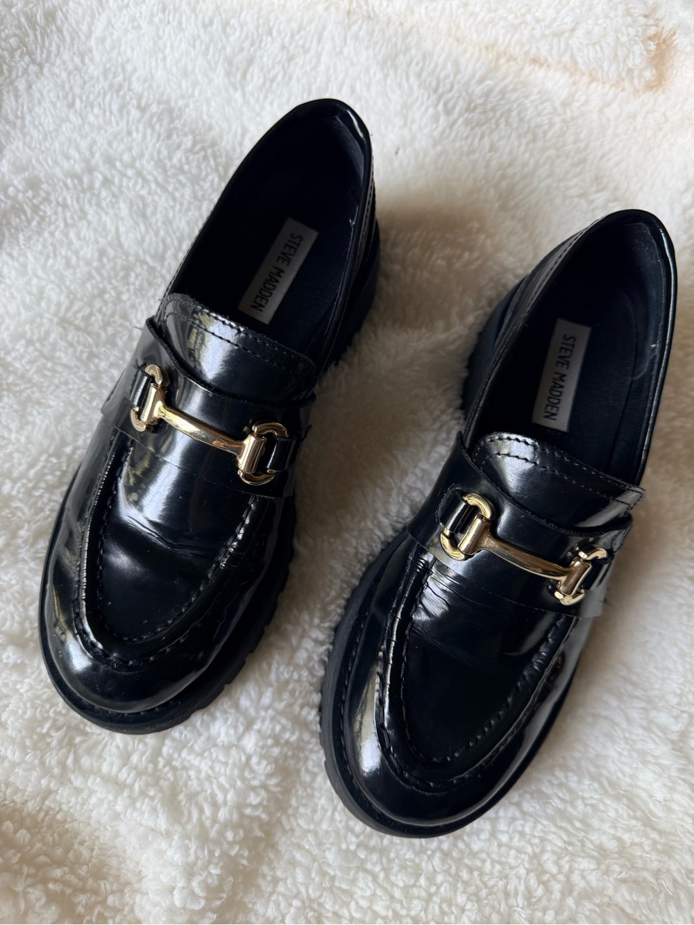 Steve Madden Lando Black Patent Chunky Lug Sole Horsebit Loafers Size 7